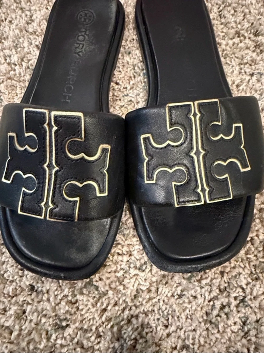 Tory Burch Black Leather Logo Slide Sandals with Gold Trim